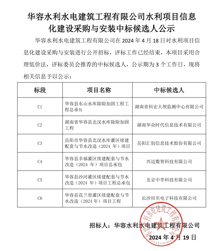 華容水利水電建筑工程有限公司水利項目 信息化建設(shè)采購與安裝中標(biāo)候選人公示